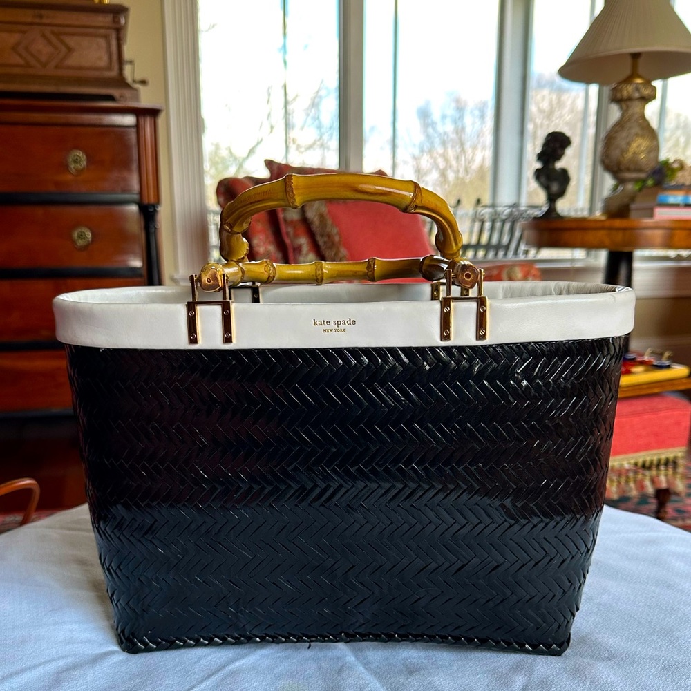Rare Kate Spade black wicker purse with bamboo handles.